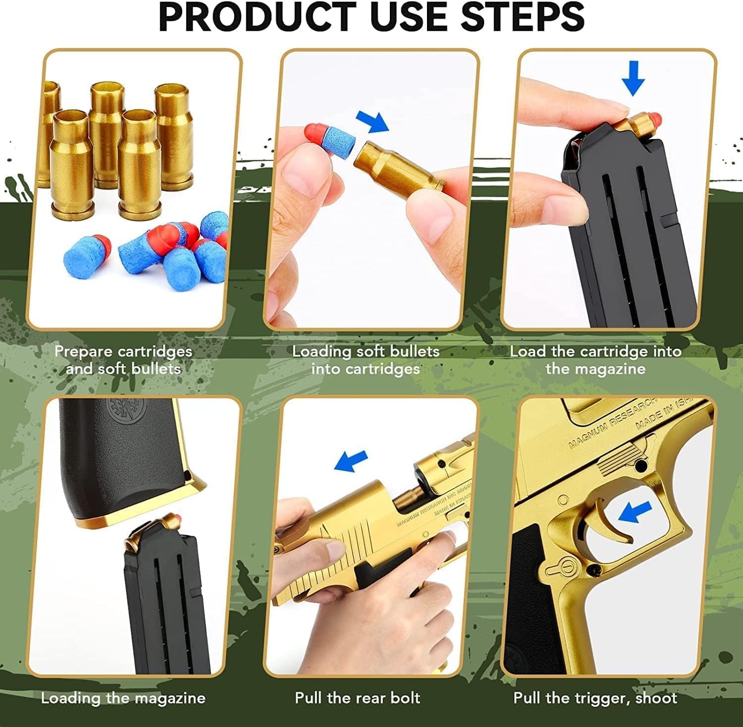 71jDBpRtrOL._AC_SL1500 Soft Rubber Foam Bullet Toy Blaster Toy for Kids | Realistic Gun with Pull-Back Slide and Jump-Out Shell For Kids Shooting Practice (Gold) - Image 6