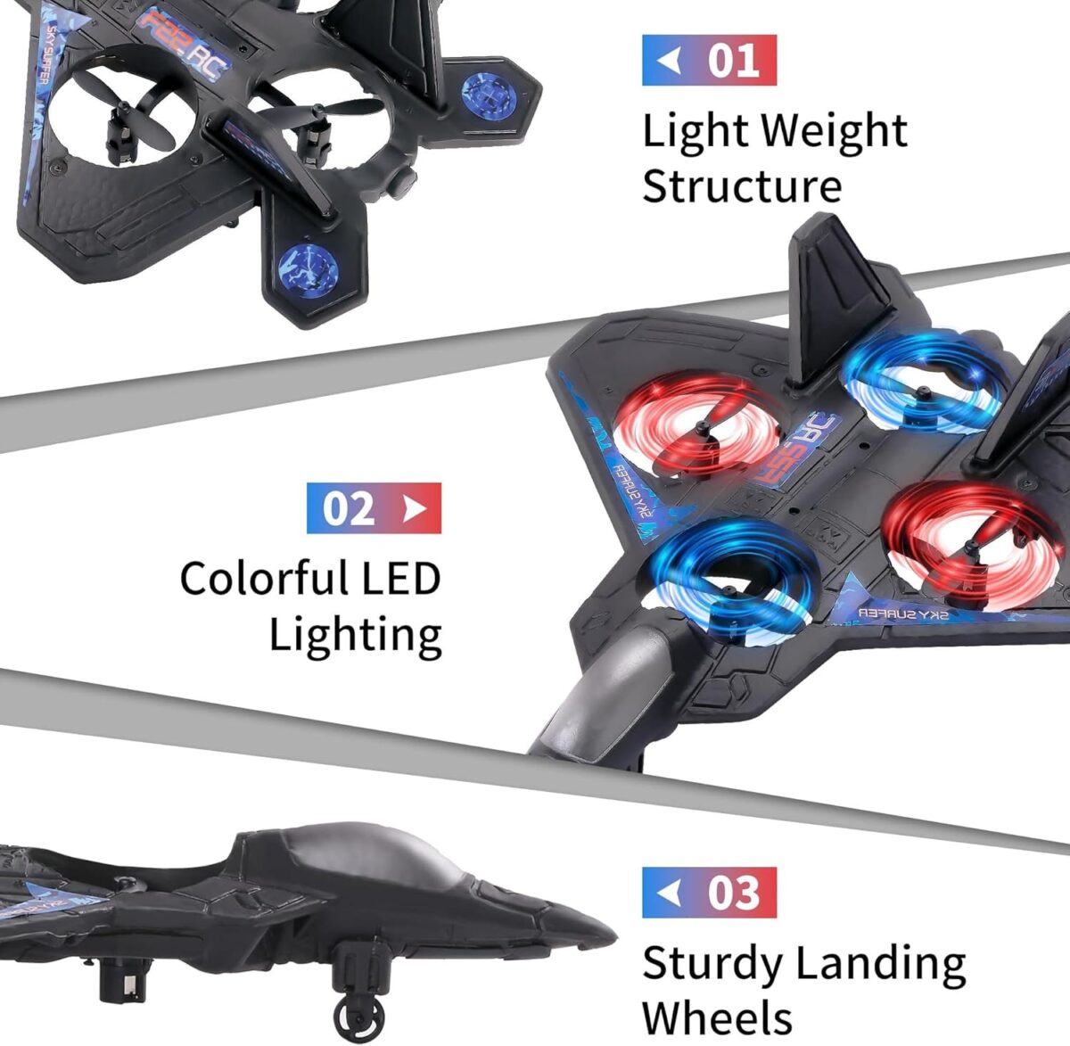 F22 Raptor With 4 Fan Foam RC Airplane Kit for Kids Age 8-12, Remote Control Aircraft for Adults Outdoor, Remote Control Flying Plane Toy, Cool Lights, Roll - Image 3