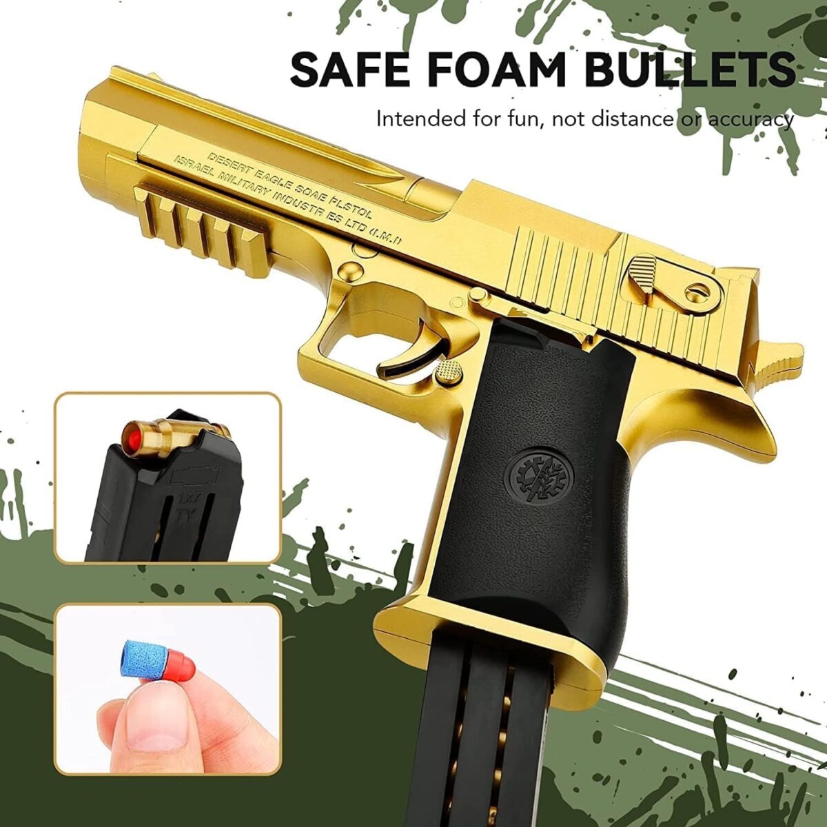 Soft Rubber Foam Bullet Toy Blaster Toy for Kids | Realistic Gun with Pull-Back Slide and Jump-Out Shell For Kids Shooting Practice (Gold) - Image 2