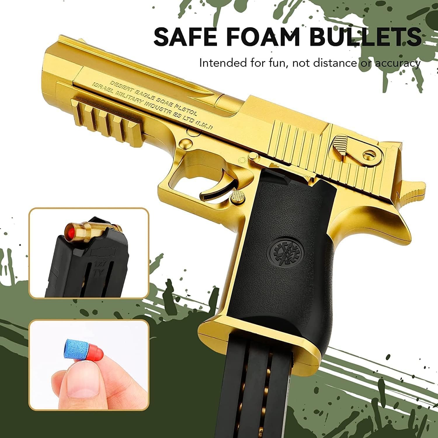 71qTS4y6o4L._AC_SL1500 Soft Rubber Foam Bullet Toy Blaster Toy for Kids | Realistic Gun with Pull-Back Slide and Jump-Out Shell For Kids Shooting Practice (Gold) - Image 2