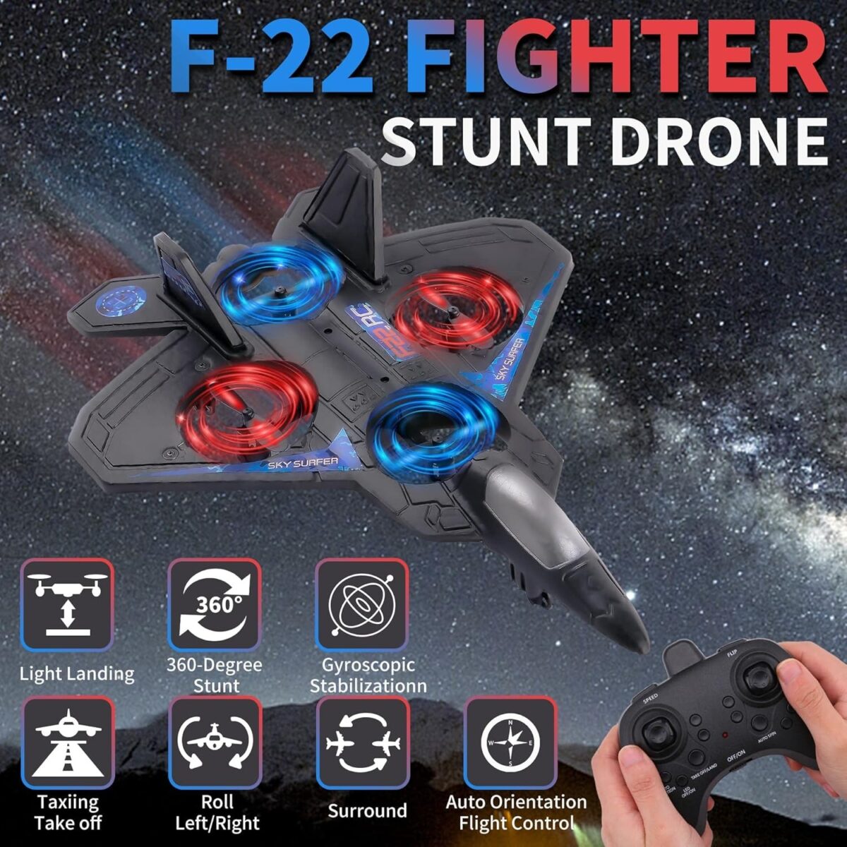 F22 Raptor With 4 Fan Foam RC Airplane Kit for Kids Age 8-12, Remote Control Aircraft for Adults Outdoor, Remote Control Flying Plane Toy, Cool Lights, Roll - Image 7