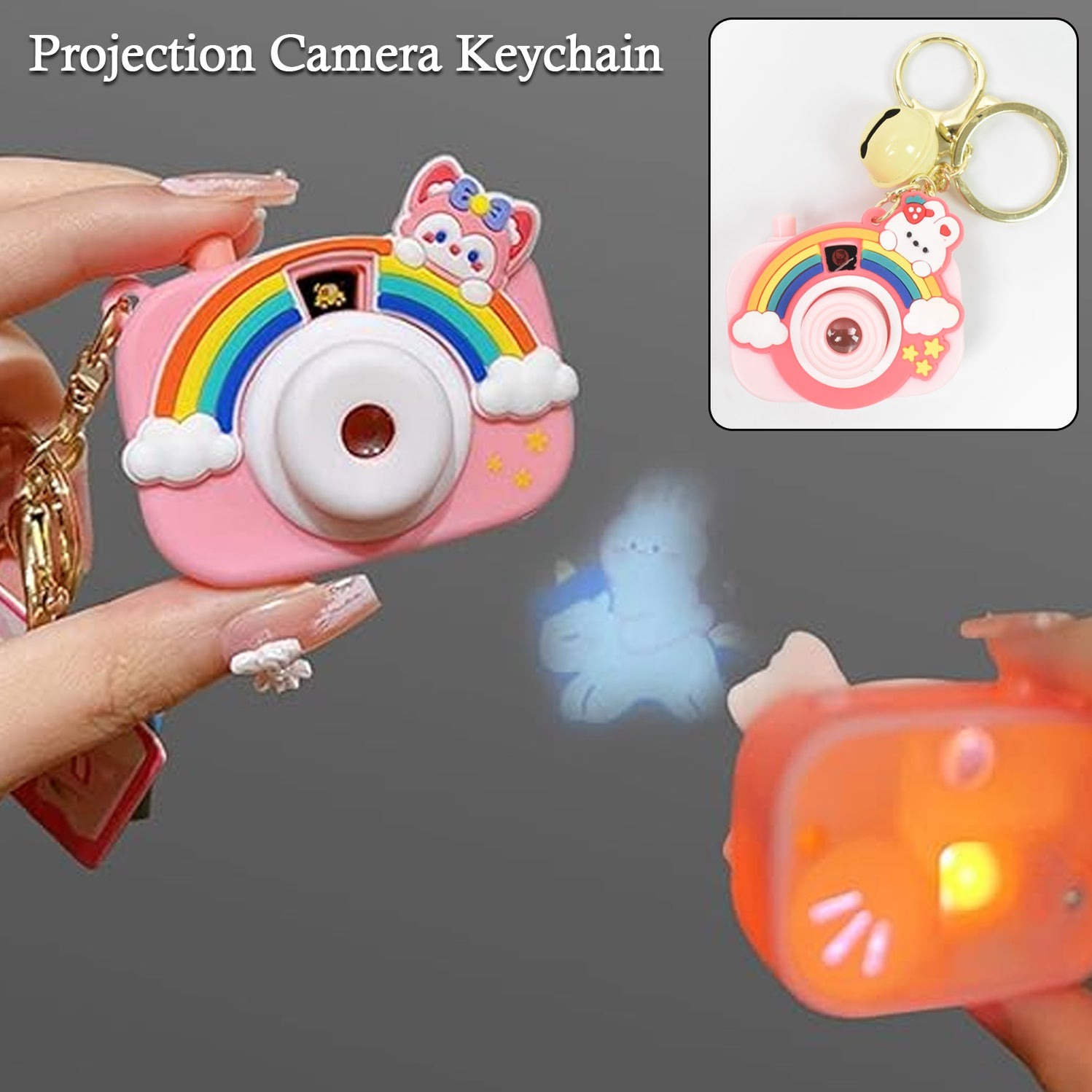 -OBdTt4vIeKWWidlO5FA Rainbow Projection Camera Keychain Student Couple Schoolbag Exquisite Hanger Keychain Pink Purse Key Clip, Cute Cartoon Projection Camera Keychain Keyring for Bags, Car, Bike and Home with Many Cartoon Image Slide Show Push Button Key Chain with Ring - Image 6
