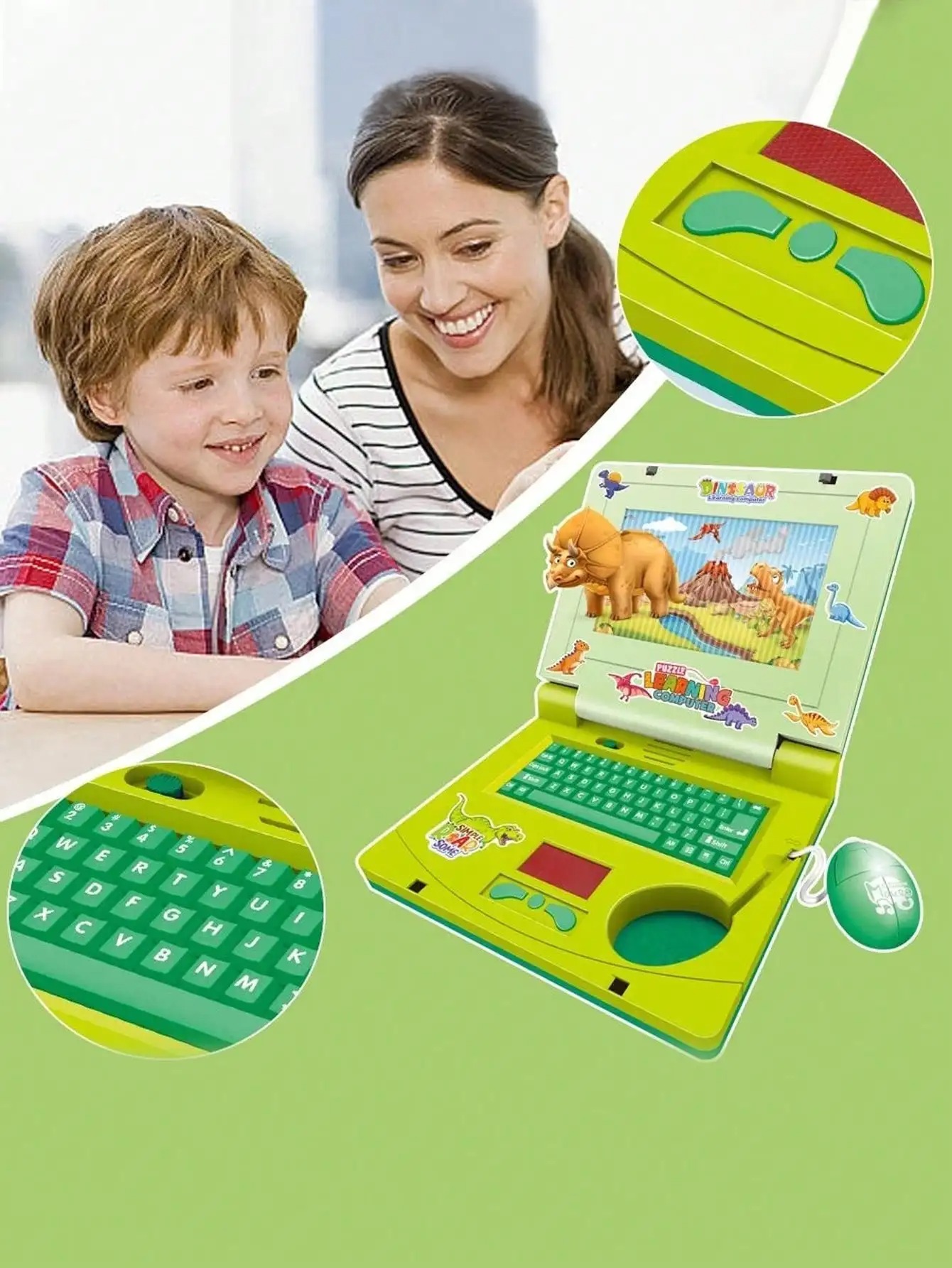 S405a7b8beb9b421f990987826b53a6c Dinosaur Series Learning Machine Animated Screen Laptop For Kids With Multiple Sounds, Cheerful Music & Screen Animation - 2403, Musical Computer Toy For Kids Dinosaur Theme Animated Laptop Toy With Music & Lights, - Image 1